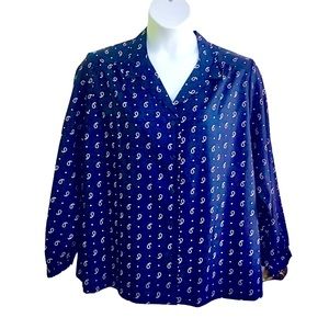 SST Women’s Button Up Paisley Print Blouse Long Sleeve Button Blue and White Sz…